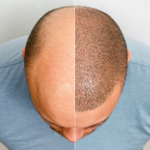 Before and after hair transplant; mans head, half bald, half with hair. Hair Transplant Center Dallas TX