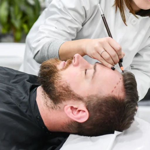 Man lying down, doctor marking his scalp with a pencil. Hair Transplant Center Dallas TX