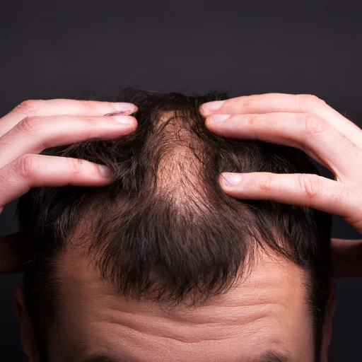 Mans hands touching thinning hair on top of head. Hair Transplant Center Dallas TX